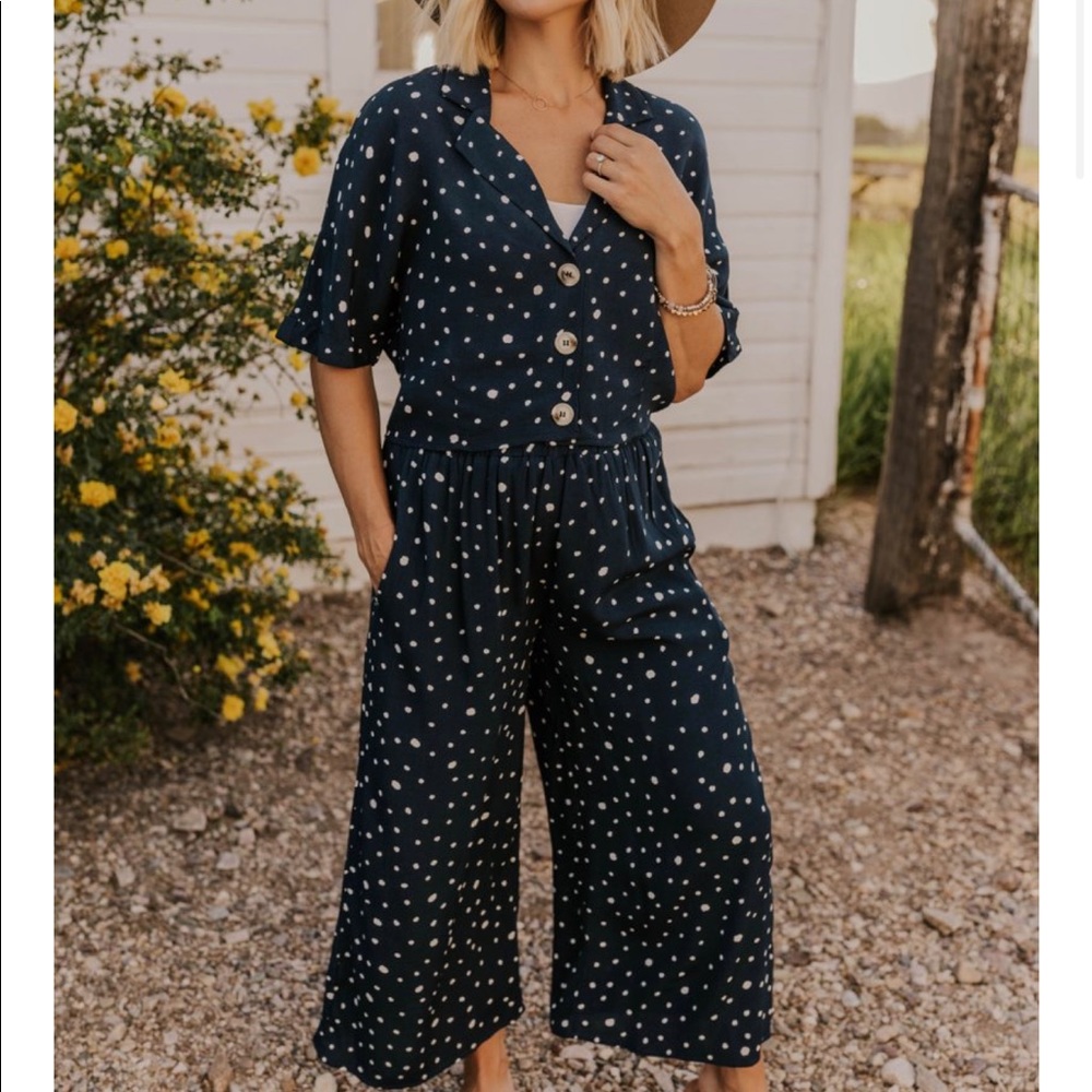Top and bottom set navy blue polka dot